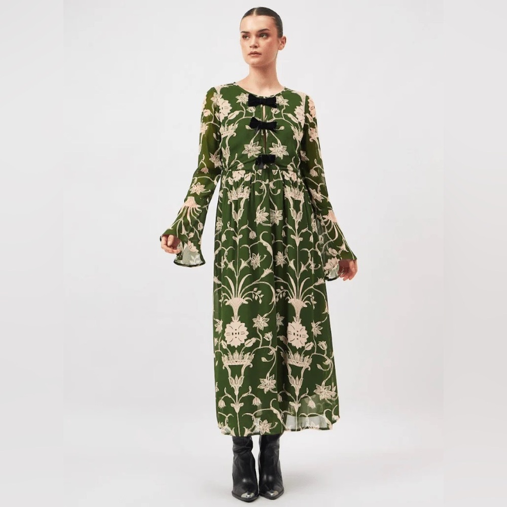 Beyond by Vera Gwen Dress L Meknes Pine Maxi Bow Accents Contemporary Western